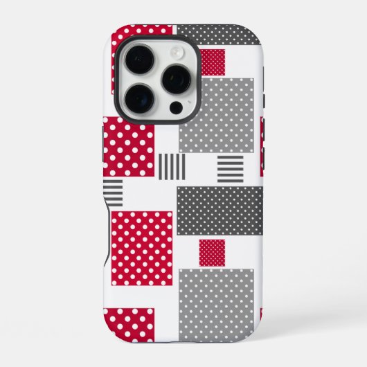 Graues rotes Polka-Dot-Patchwork auf weißem Hinter iPhone Hülle (Rückseite)