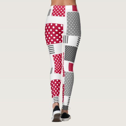 Graues rotes Polka-Dot-Patchwork auf weißem Hinter Leggings (Rückseite)