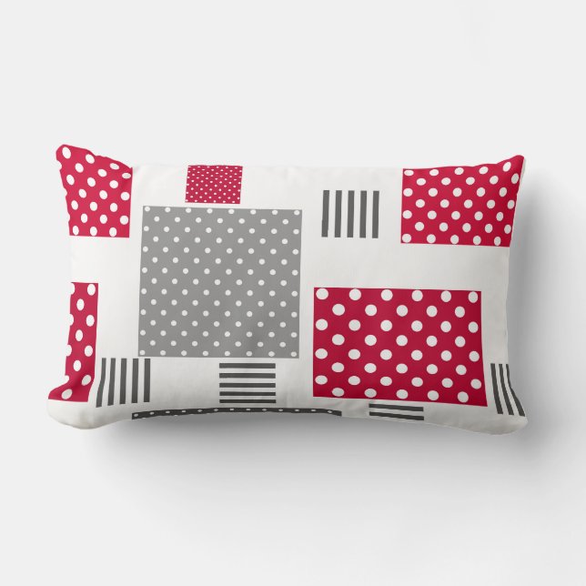 Graues rotes Polka-Dot-Patchwork auf weißem Hinter Lendenkissen (Vorderseite)