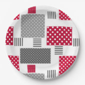 Graues rotes Polka-Dot-Patchwork auf weißem Hinter Pappteller (Vorderseite)