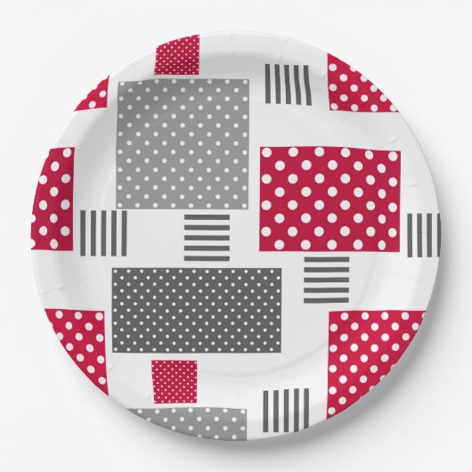 Graues rotes Polka-Dot-Patchwork auf weißem Hinter Pappteller (Vorderseite)