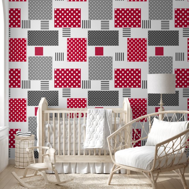 Graues rotes Polka-Dot-Patchwork auf weißem Hinter Tapete (Kinder)