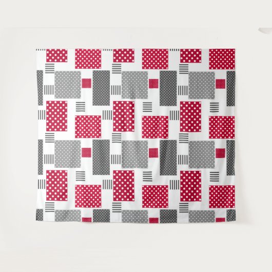 Graues rotes Polka-Dot-Patchwork auf weißem Hinter Wandteppich (Vorderseite (Horizontal))