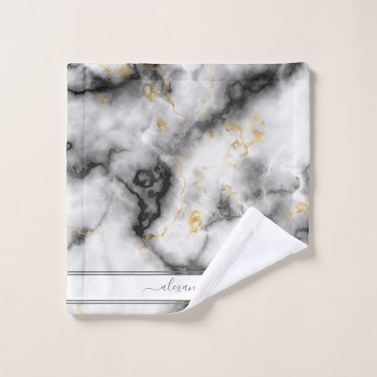 Graues Schwarz und Gold Moderner Marmor Benutzerfr Badhandtuch Set (Waschlappen)