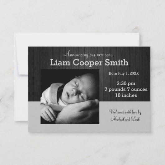 Graues/schwarzes Holz mit Foto - Geburtsankündigun Ankündigung (Vorderseite)