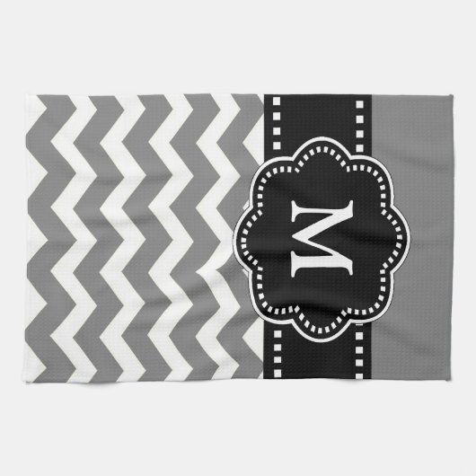 Graues schwarzes Zickzack Monogramm-Tuch Geschirrtuch (Horizontal)