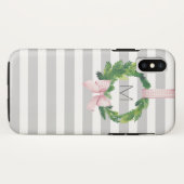 Graues Streifen WeihnachtsKranzmonogramm Case-Mate iPhone Hülle (Rückseite (Horizontal))