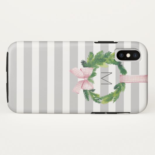 Graues Streifen WeihnachtsKranzmonogramm Case-Mate iPhone Hülle (Rückseite (Horizontal))