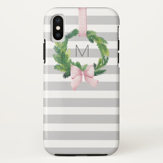 Graues Streifen WeihnachtsKranzmonogramm Case-Mate iPhone Hülle (Rückseite)
