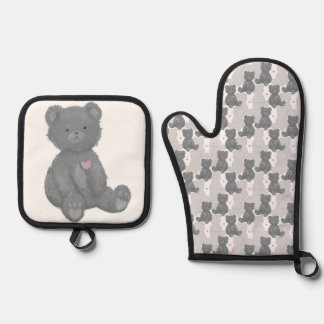 Graues Teddybärmuster, rosa Herz, Silhouette Ofenhandschuh & Topflappen-Set