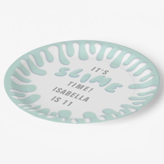 Graues türkisblaues Schleim-Party Pappteller (Schrägansicht)