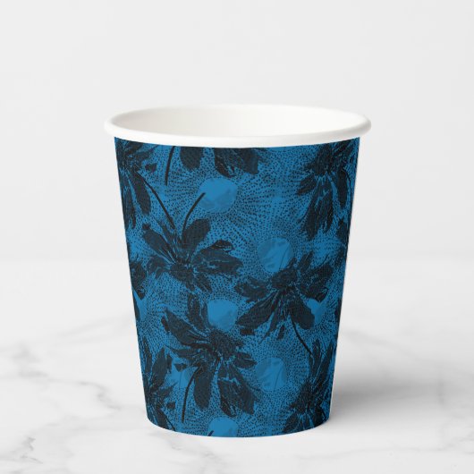 Graues und blaues Blumenmuster. Pappbecher (Rückseite)