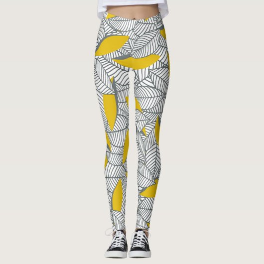 Graues und gelbes Blatt Muster. Leggings (Vorderseite)