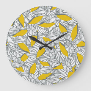 Graues und gelbes Blattmuster. Große Wanduhr