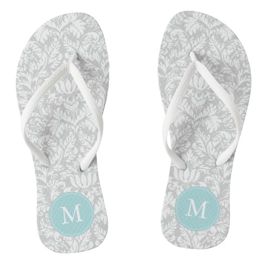 Graues und hellblaues Damaskus-Muster Mit Monogram Badesandalen (Fußbett)