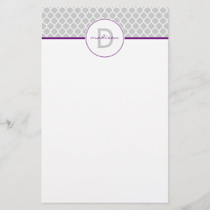 Graues und lila Quatrefoil Monogramm Briefpapier