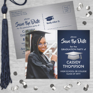 Graues und Navy-Abschluss-Foto Save the Date Postkarte
