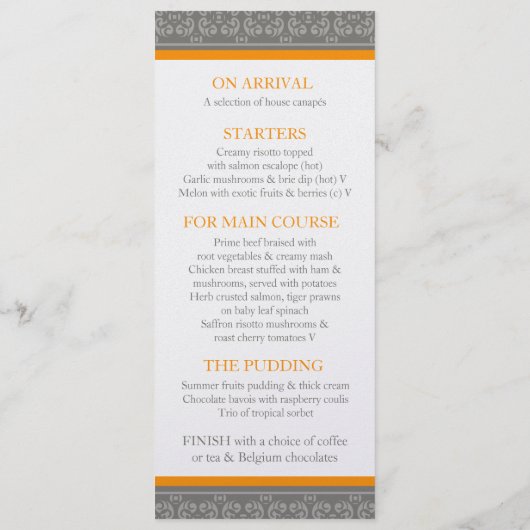 Graues und orangefarbenes Abendmenü Menükarte (Rückseite)