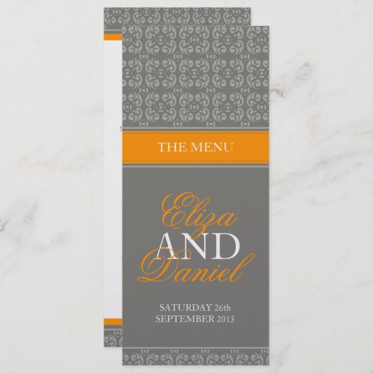 Graues und orangefarbenes Abendmenü Menükarte (Vorne/Hinten)