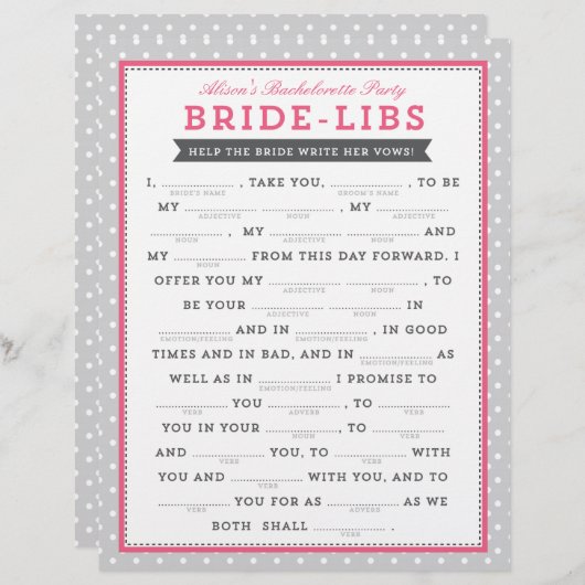 Graues und rosa Bride Libs Game (Vorne/Hinten)