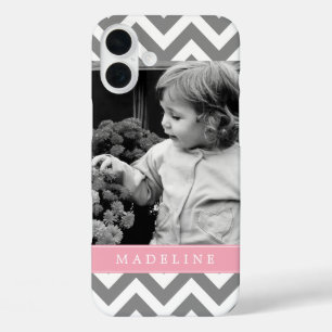 Graues und rosa Zigzags Personalisiertes Foto iPhone 16 Plus Hülle
