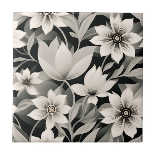 Graues und schwarzes botanisches Muster Fliese (Vorderseite)