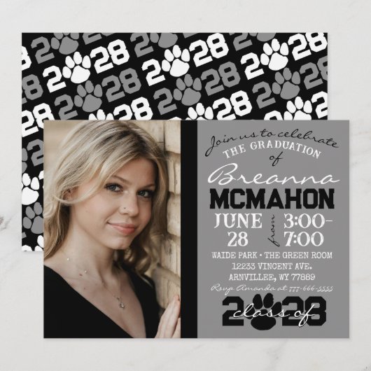 Graues und schwarzes Pawprint-Abschluss-Foto Einladung (Vorne/Hinten)