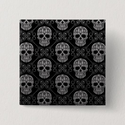 Graues und schwarzes Zuckerschädel-Muster Button (Vorderseite)