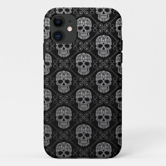 Graues und schwarzes Zuckerschädel-Muster Case-Mate iPhone Hülle (Rückseite)