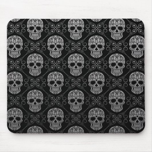 Graues und schwarzes Zuckerschädel-Muster Mousepad (Vorne)
