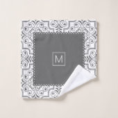 Graues und weißes Damastmuster, gerollte Ränder Badhandtuch Set (Waschlappen)