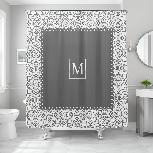 Graues und weißes Damastmuster und Monogramm Duschvorhang