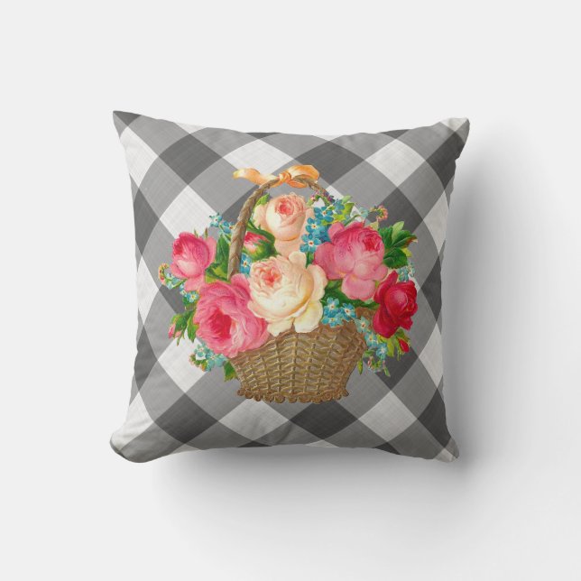 Graues und weißes Gingham Vintages Land Kissen (Vorderseite)