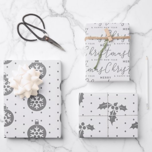 Graues und weißes Weihnachtswrapping Paper Geschenkpapier Set (Vorderseite)