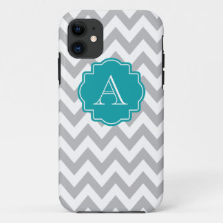 Graues und weißes Zickzack aquamarines Monogramm Case-Mate iPhone Hülle