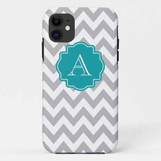 Graues und weißes Zickzack aquamarines Monogramm Case-Mate iPhone Hülle (Rückseite)
