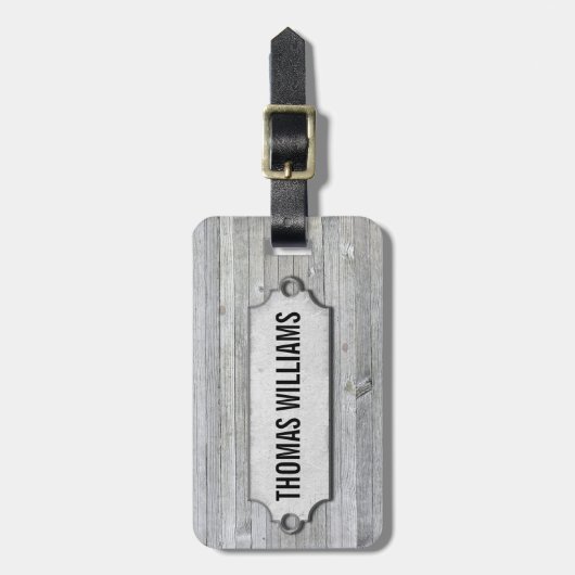 graues, verwittertes Holz mit abgeschrägtem Etiket Gepäckanhänger (Vorderseite vertikal)