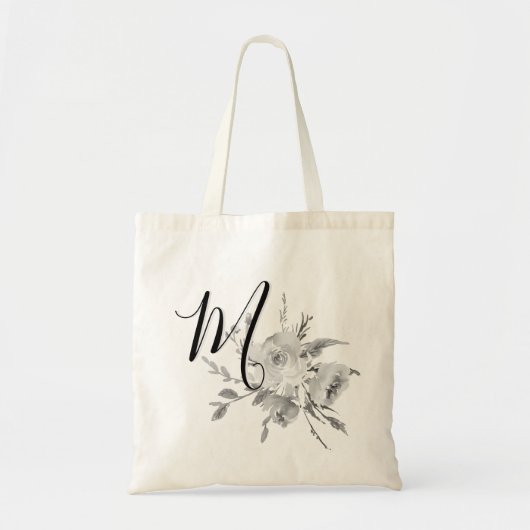 Graues vintage Wasserfarbe Florales Monogramm Init Tragetasche (Vorne)
