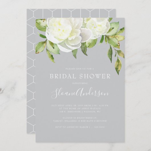 Graues Wasserfarbenes Frühlingsblumenpeony Brautpa Einladung (Vorne/Hinten)