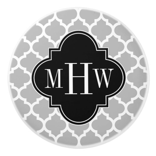 Graues Weiß Marokkanisch #5 Schwarz 3 Initialmonog Keramikknauf (Vorderseite)