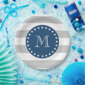 Graues Weiß Stripes Muster, Marine-Blau-Monogramm Pappteller (Party)