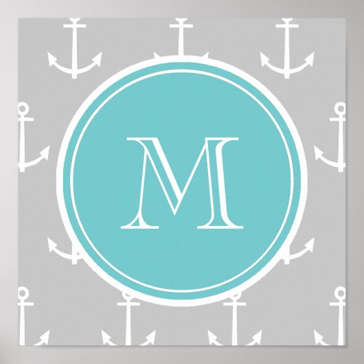 Graues weißes Ankermuster, Aquamarines Monogramm Poster (Vorne)