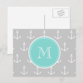 Graues weißes Ankermuster, Minze Monogramm Postkarte (Vorne/Hinten)