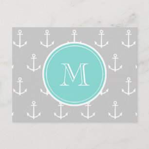 Graues weißes Ankermuster, Minze Monogramm Postkarte
