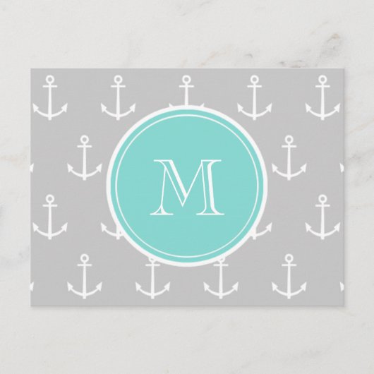 Graues weißes Ankermuster, Minze Monogramm Postkarte (Vorderseite)