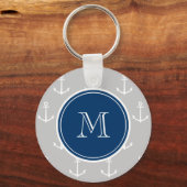 Graues weißes Ankermuster, Navy Blue Monogram Schlüsselanhänger (Vorderseite)