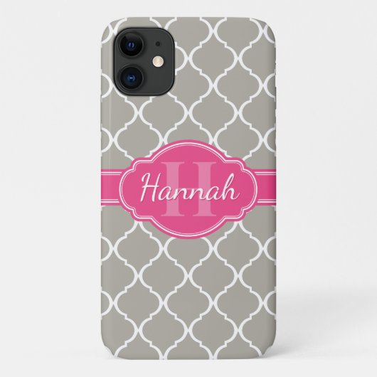 Graues weißes Gittermuster Pink Monogramm Case-Mate iPhone Hülle (Rückseite)