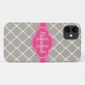 Graues weißes Gittermuster Pink Monogramm Case-Mate iPhone Hülle (Rückseite (Horizontal))