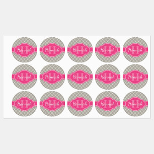 Graues weißes Gittermuster Pink Monogramm Etiketten