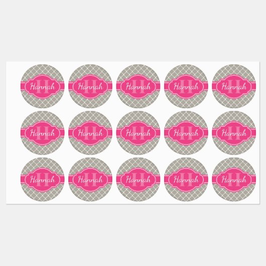 Graues weißes Gittermuster Pink Monogramm Etiketten (Blatt)